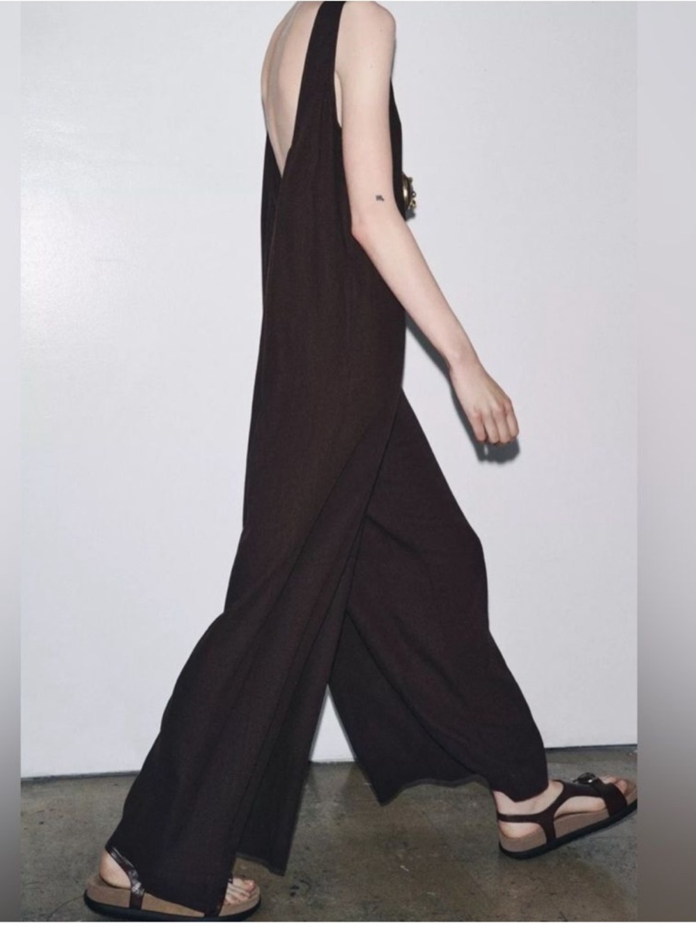 Zara ZW Collection Sleeveless Linen Long Jumpsuit Brown NWT - Picture 3 of 5